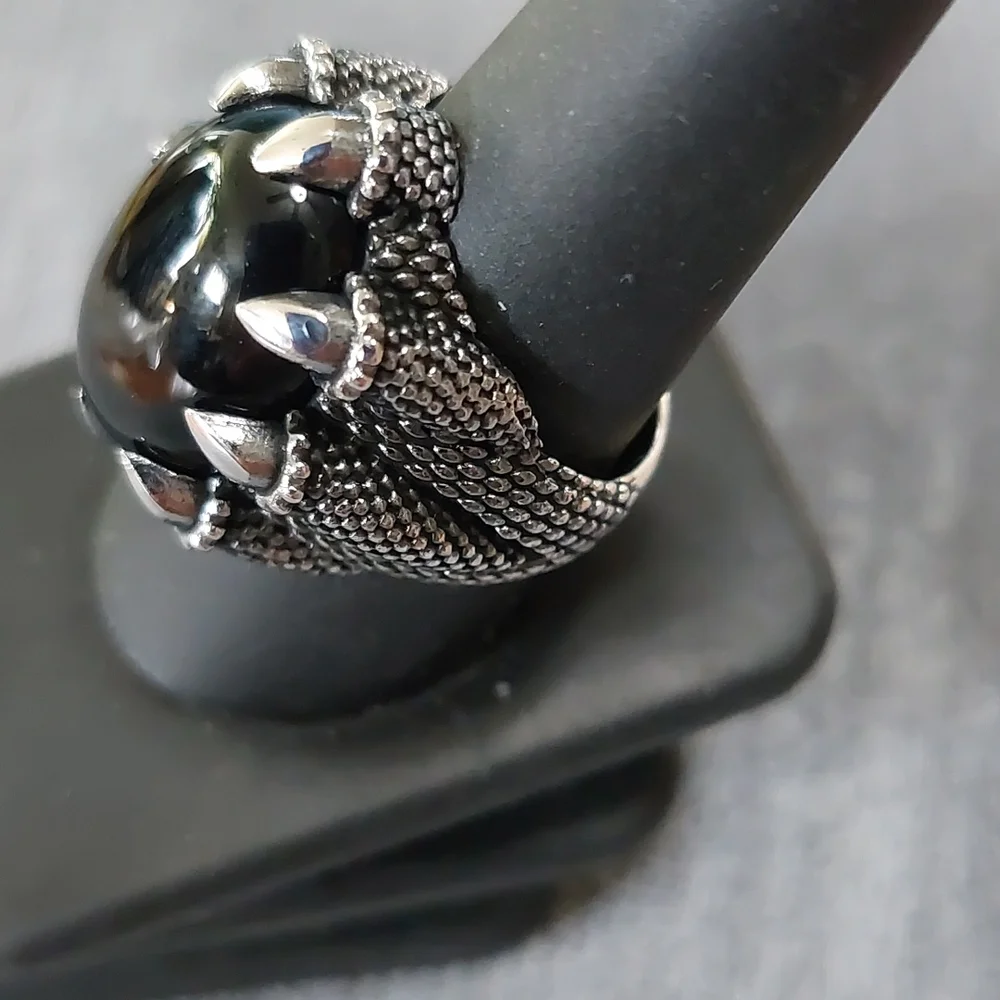 Sterling Silver Oxidized Eagle Claw Sz 9 Cabochon Ring 26mm H  23mm W